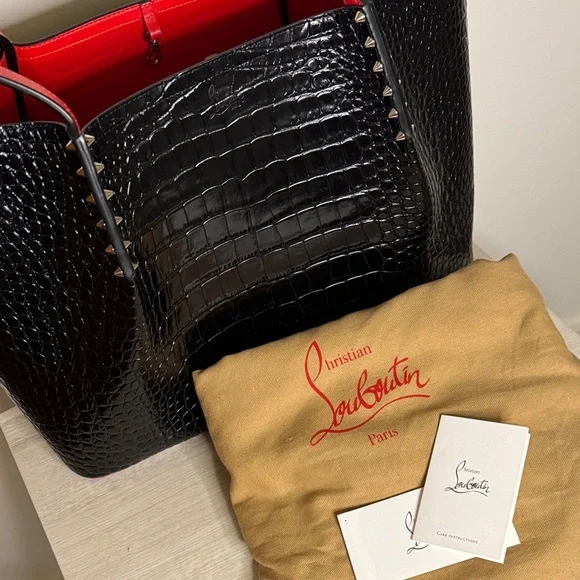 Christian Louboutin Croc-Embossed Black and Red Tote - Picture 3 of 7
